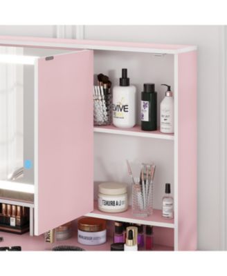 Pink Modern Makeup Vanity Desk 9-Drawers Wood Dressing Table with 3 Mirrors, Hidden Storage Shelves, LED Lighted Lights