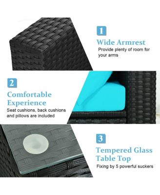 7 Pieces Sectional Wicker Furniture Sofa Set with Tempered Glass Top-Blue