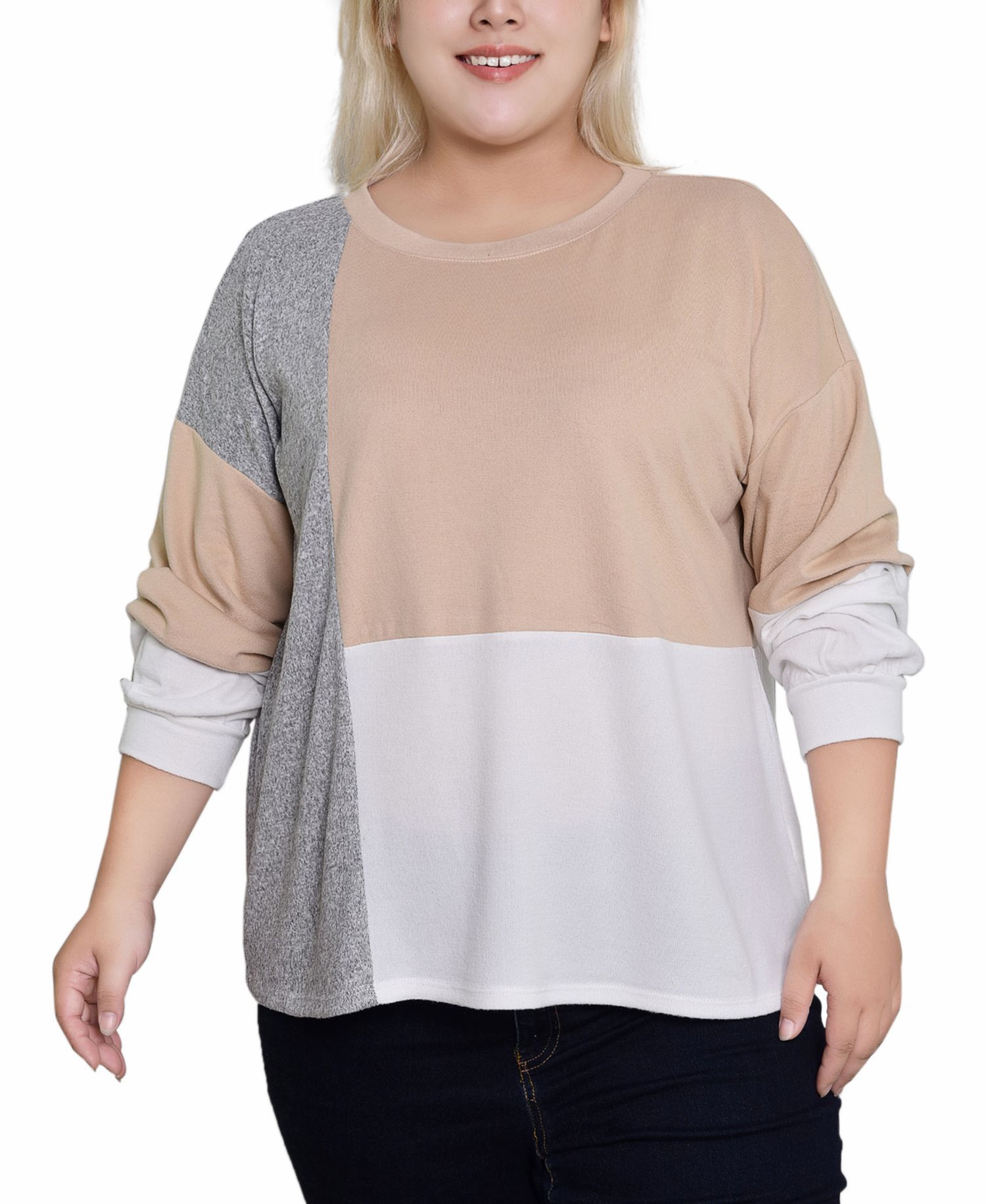 Plus Size Long Sleeve Color Blocked Pullover Top