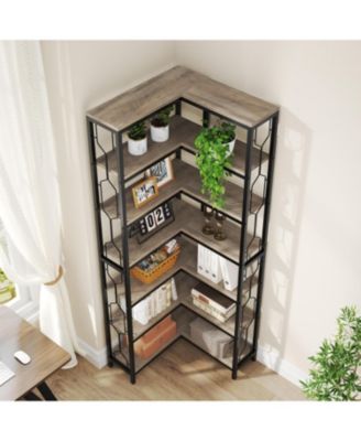 Corner Shelf, 7-Tier Industrial Corner Bookshelf, Wood and Metal Corner Etagere Bookcase, Freestanding Display Shelf for Living Room
