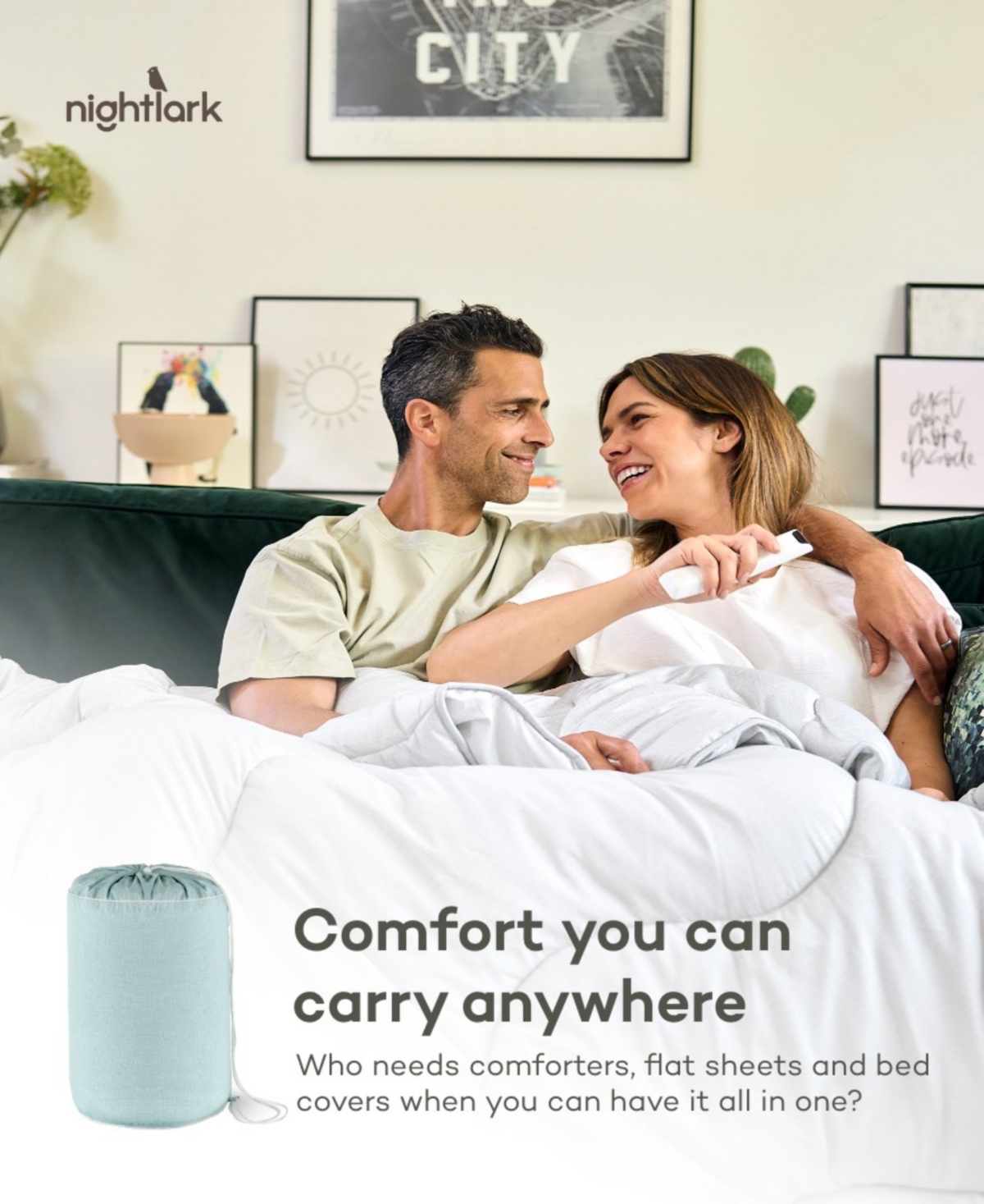 Night Lark Coverless Linen Comforter, Queen In Green