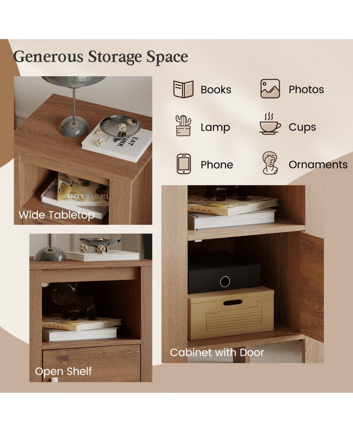 Gymax Set of 2 Nightstand Compact Side Sofa Table Open Shelf & Cabinet Rustic- Walnut