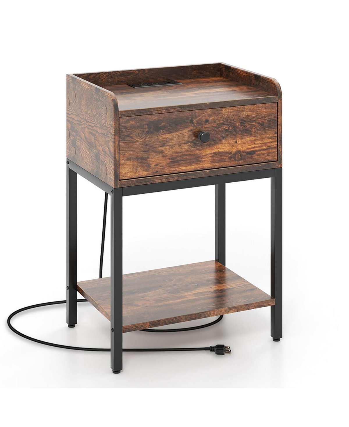 Gymax Nightstand Side End Table w/ Charging Station Drawer Open Shelf for Space - Rustic brown+black