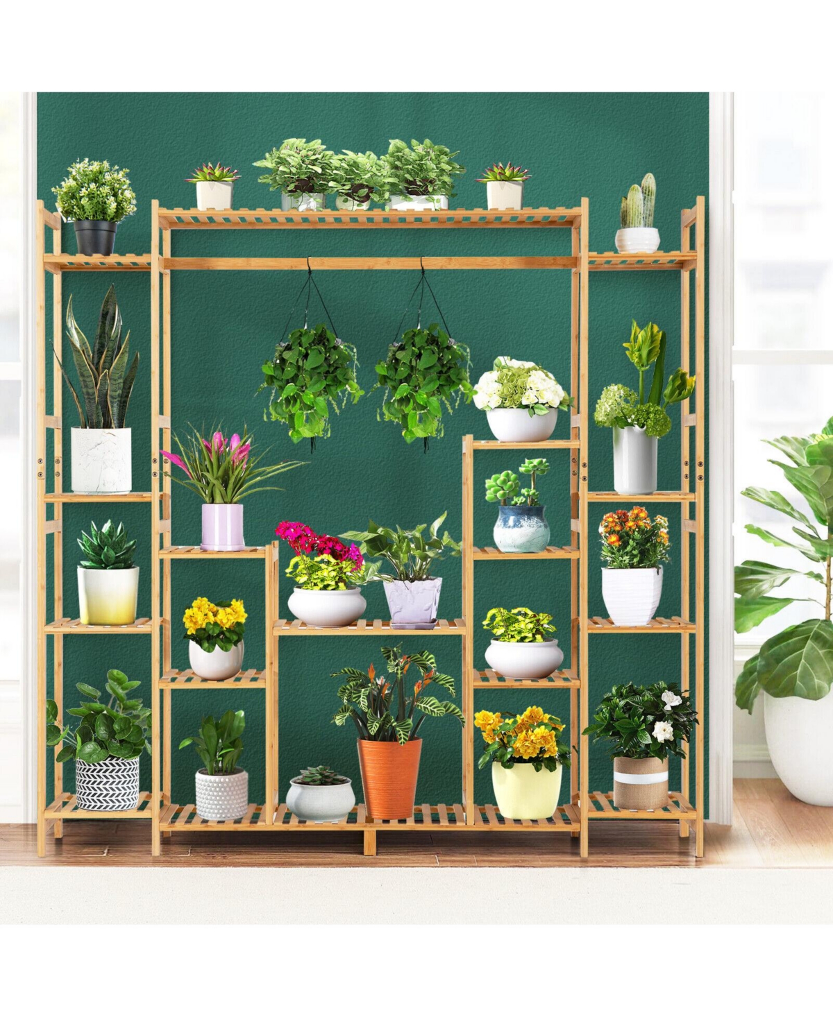 Skonyon 9-Tier Bamboo Plant Stand with Hanging Rack