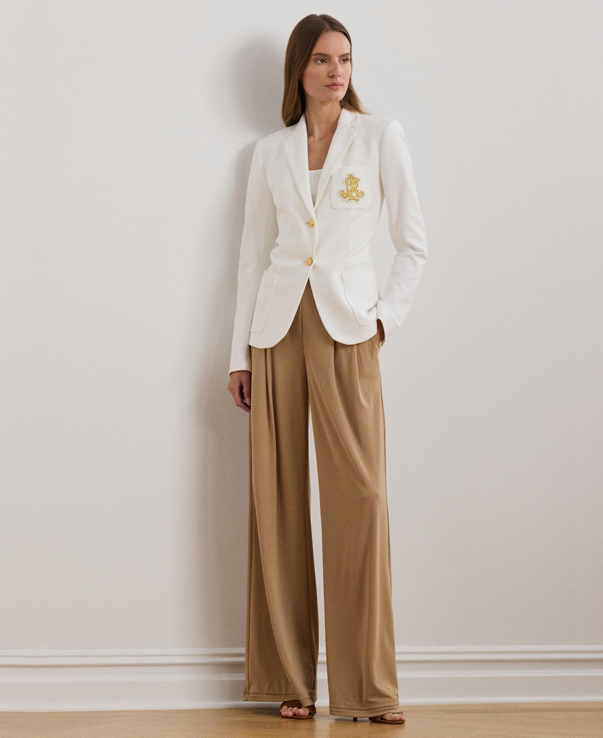 Shop Ralph Lauren Women's Pleated Stretch Jersey Wide-leg Pants, Regular & Petite In Classic Camel
