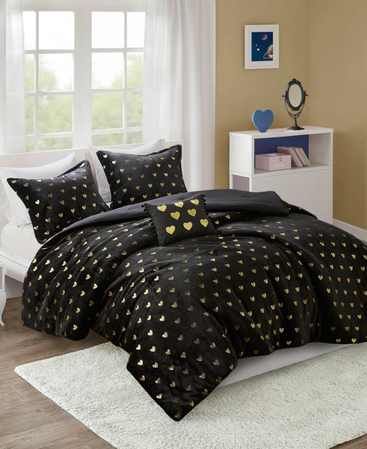 Mi Zone Rosalie Metallic Heart 3-pc. Comforter Set, Twin/twin Xl In Black,gold