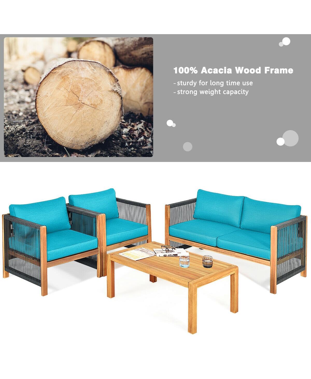 Sugift 4 Pieces Acacia Wood Sofa Set with Cushions for Outdoor Patio- Blue