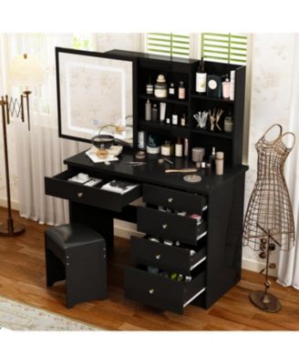 5-Drawers Black Wood LED Push-Pull Mirror Makeup Vanity Sets Dressing Table Sets with Stool and 3-Tier Storage Shelves