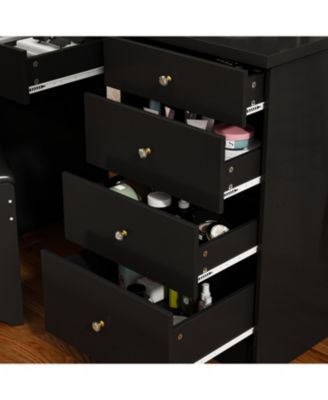 5-Drawers Black Wood LED Push-Pull Mirror Makeup Vanity Sets Dressing Table Sets with Stool and 3-Tier Storage Shelves
