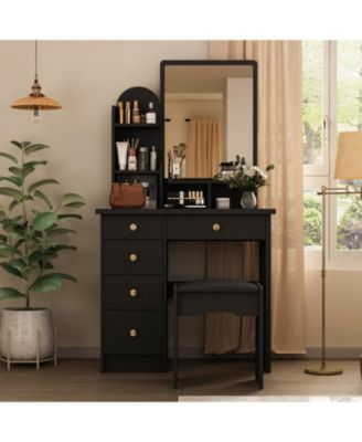5-Drawers White Makeup Vanity Table Wooden Dressing Desk With Mirror and 3-Tier Storage Shelves