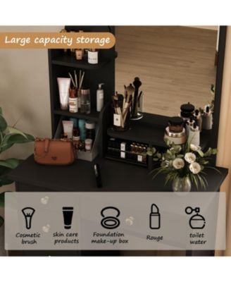 5-Drawers White Makeup Vanity Table Wooden Dressing Desk With Mirror and 3-Tier Storage Shelves