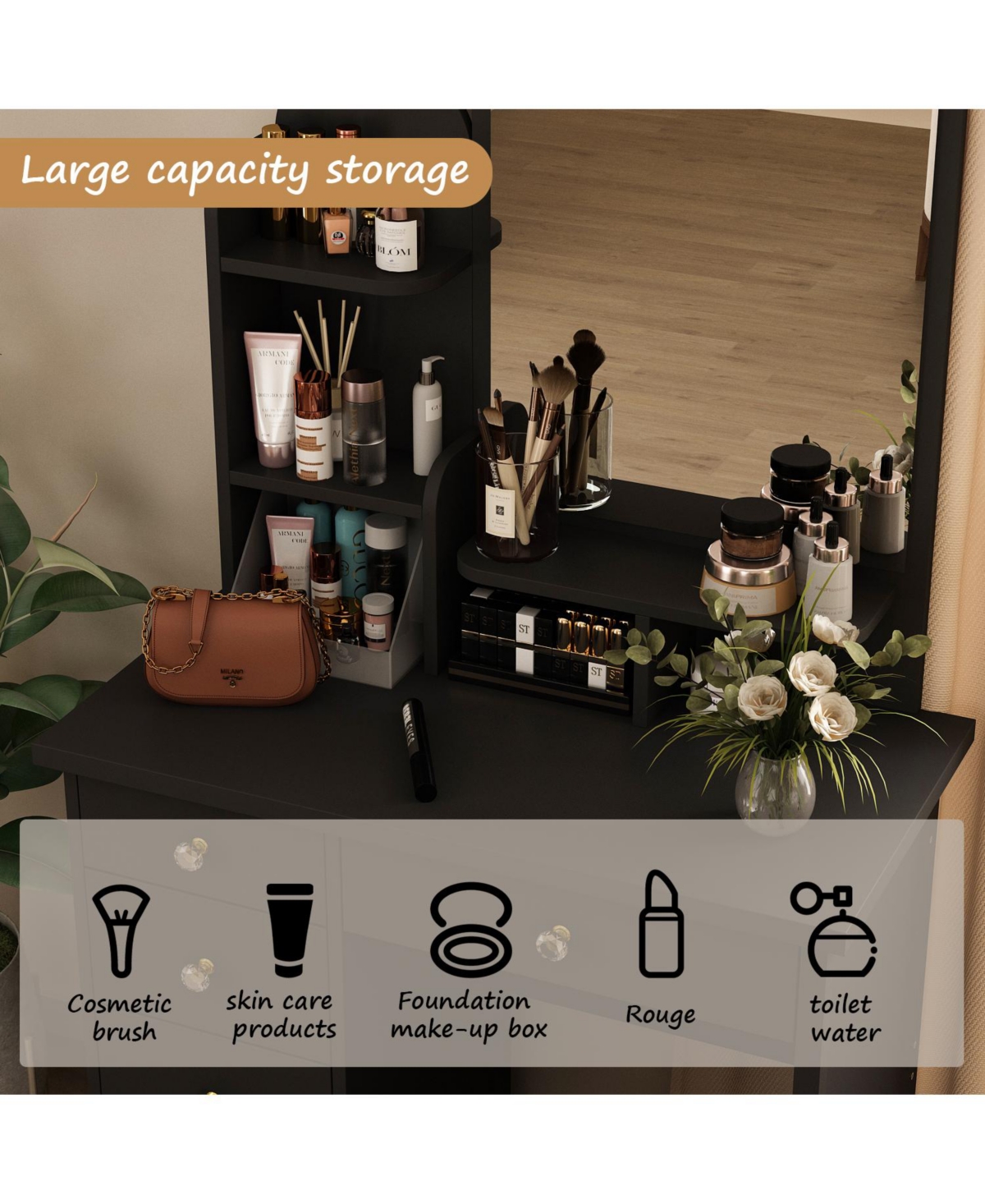 Famapy 5-Drawers White Makeup Vanity Table Wooden Dressing Desk With Mirror and 3-Tier Storage Shelves