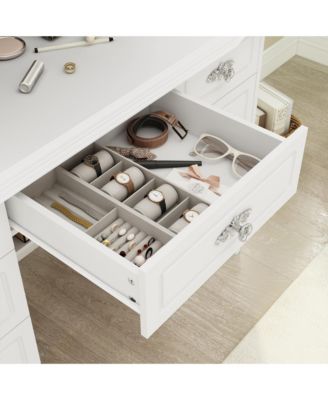 White Makeup Vanity Table Dressing Desk 3-Mirrors,LED Lighted, 9-Drawers, Hidden Storage Shelves, Carved Metal Handles