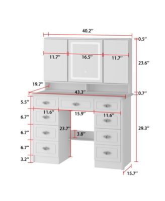 White Makeup Vanity Table Dressing Desk 3-Mirrors,LED Lighted, 9-Drawers, Hidden Storage Shelves, Carved Metal Handles