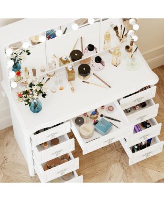 White Makeup Vanity Table Dressing Desk W/3-Mirrors,Lighted Mirror, Drawers, Hidden Storage Shelves Carved Metal Handles