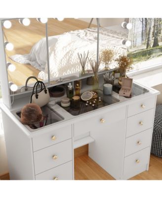 White Makeup Vanity Desk 9 Drawers Wood Dressing Table With 3 LED Bulb Light Mirrors, Glass Top, Hidden Storage Shelves
