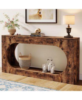 Console Table, 63-Inch Narrow Sofa Entryway Table with 2-Tier Storage Shelf, Wood Hallway Behind Couch Table for Living Room, Rustic Brown