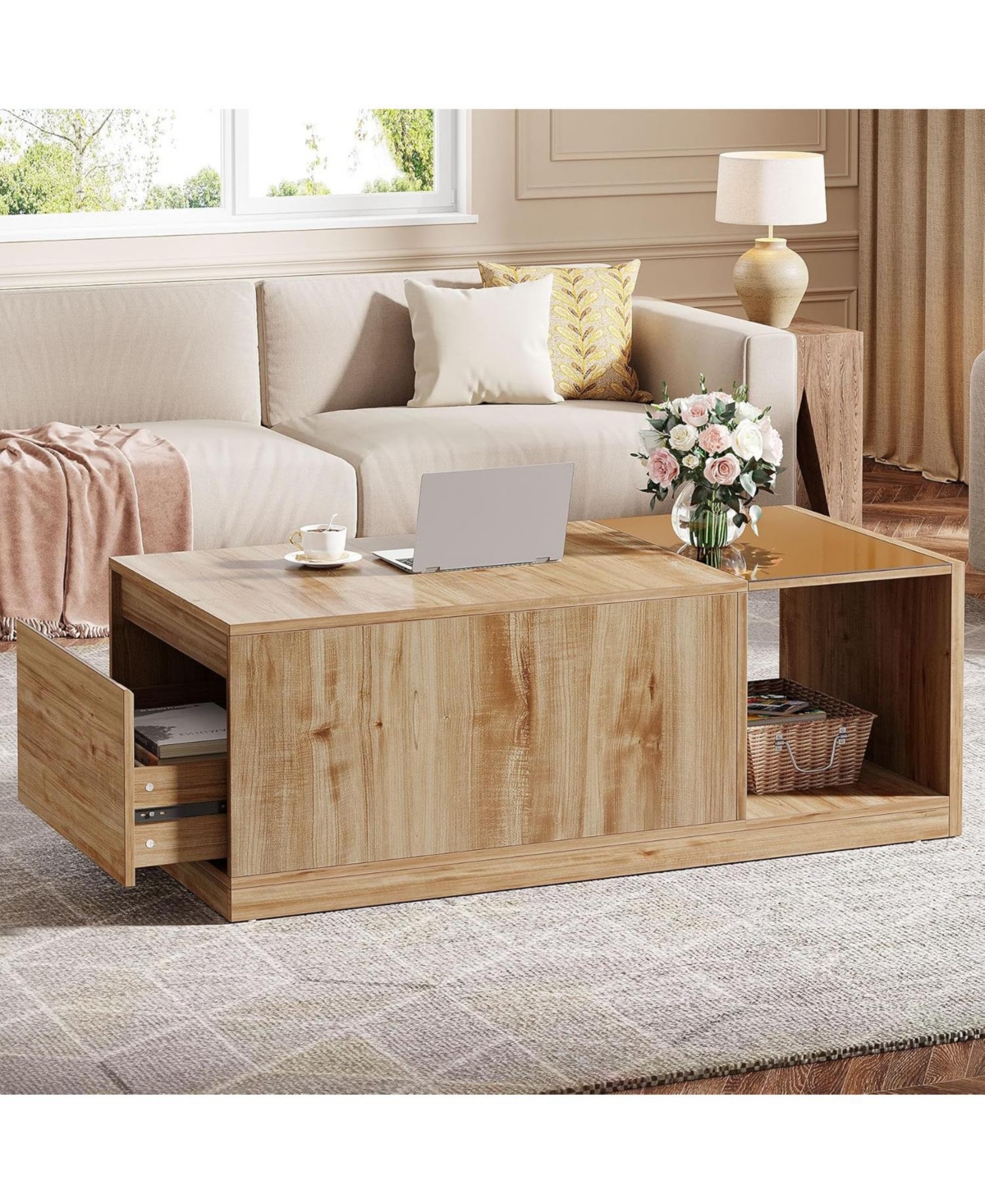 Tribesigns 47.24-Inch Coffee Table with Drawer & Storage Shelf, Farmhouse Coffee Table with Tawny Glass, Wood Center Table for Living Room, Modern Hom
