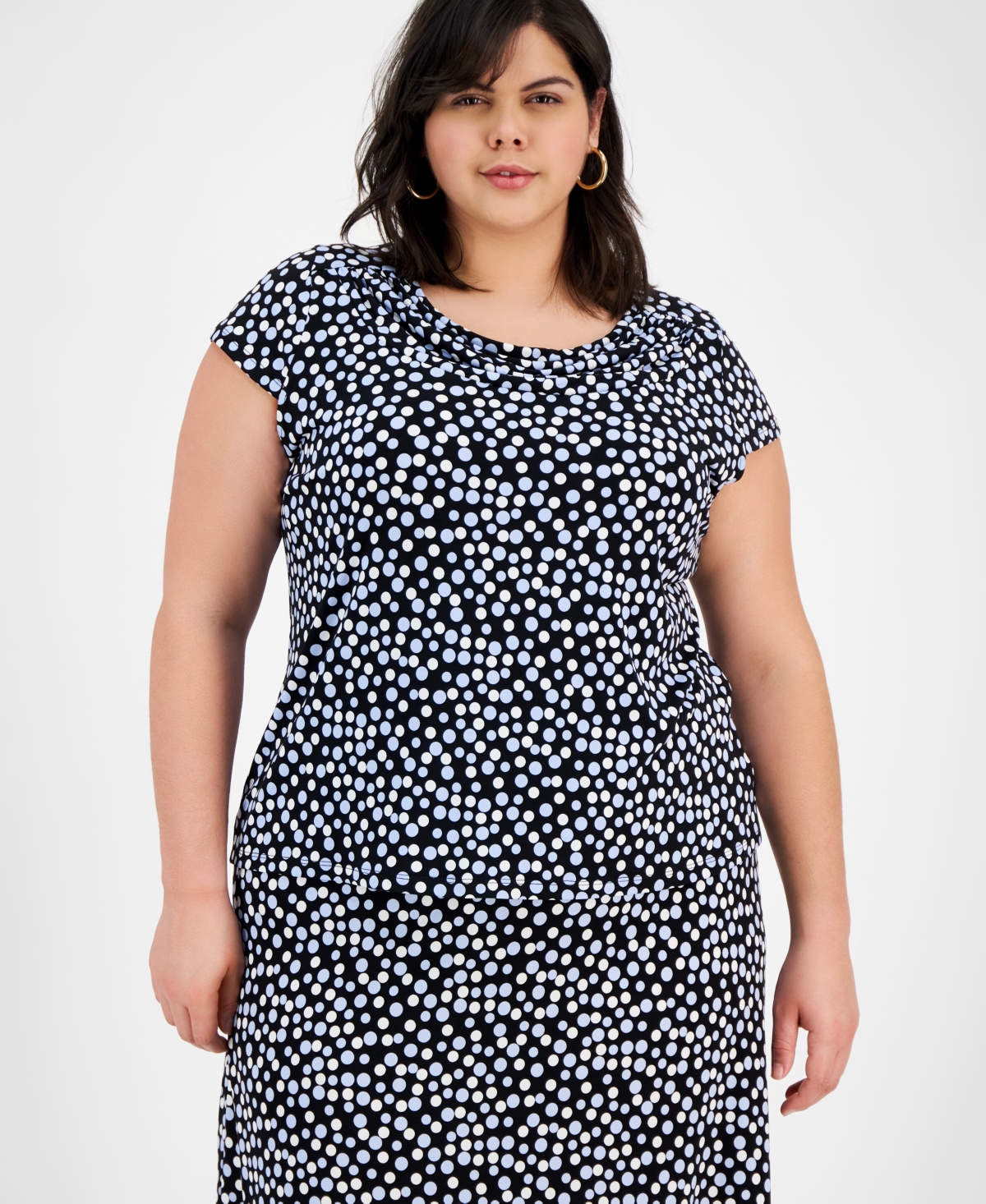 Kasper Plus Size Printed Cowlneck Cap-sleeve Blouse In Black Multi
