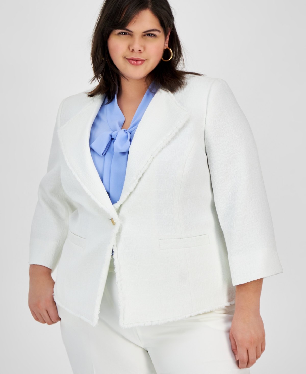 Kasper Plus Size Tweed One-button Trimmed Blazer In Vanilla Ice