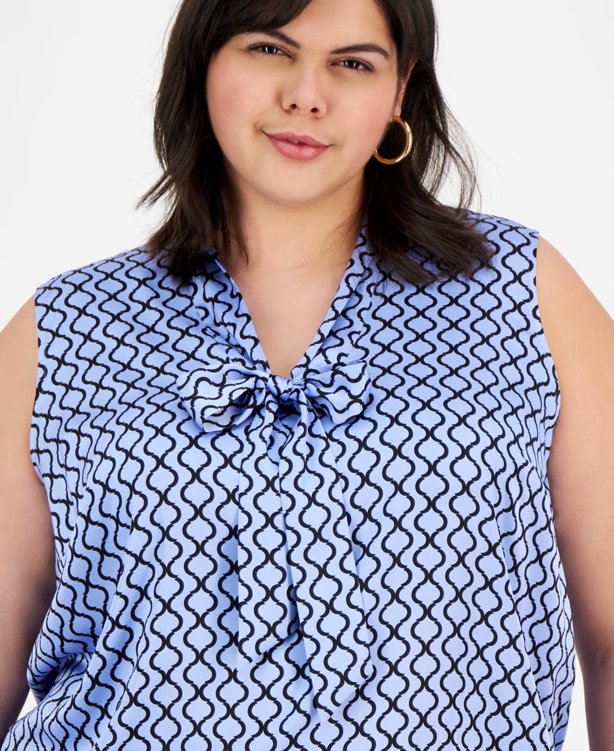 Kasper Plus Size Satin Sleeveless Tie-neck Blouse In California Sky,black