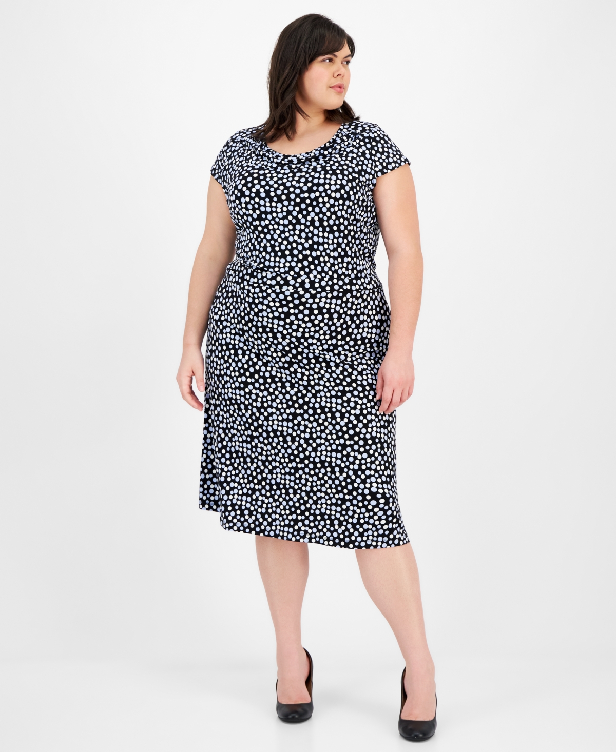Plus Size Pull-On Polka-Dot Midi Skirt - Black Multi