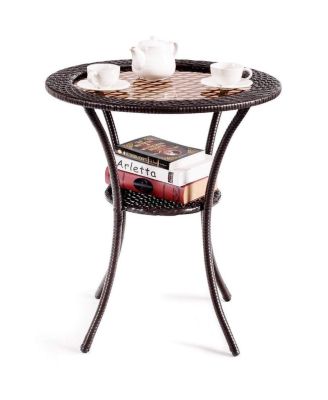 Round Rattan Wicker Coffee Table with Lower Shelf