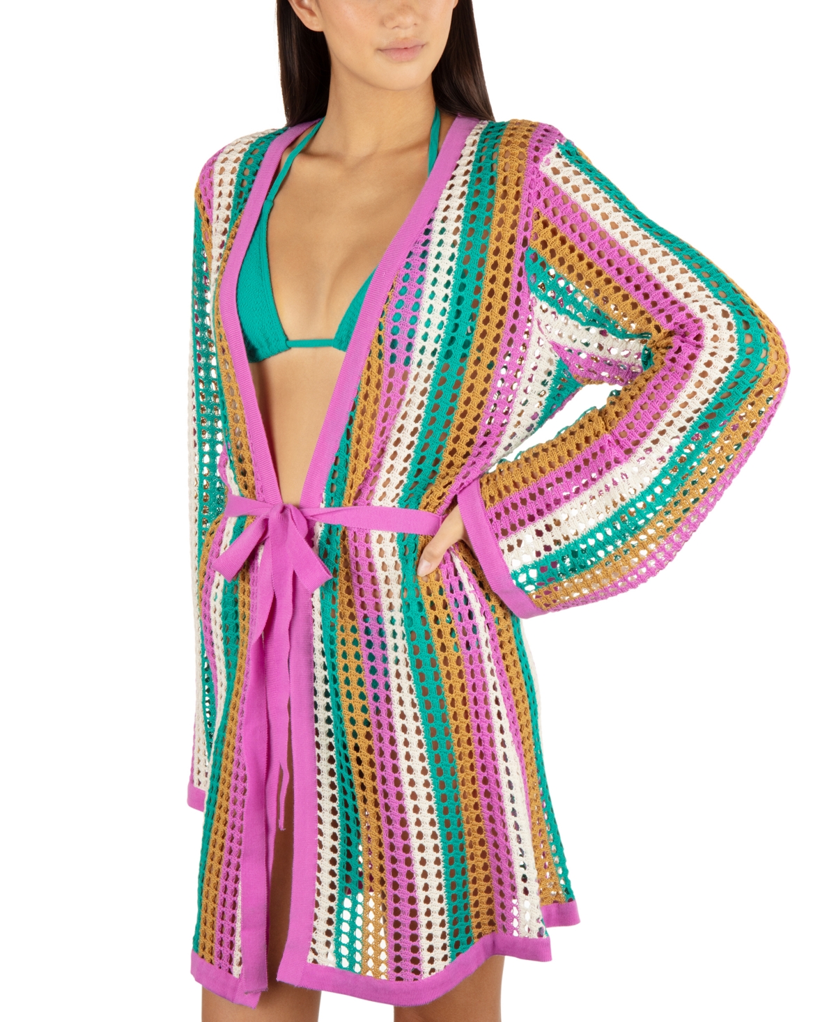 HURLEY JUNIORS' STRIPED CROCHET ROBE COVER-UP 