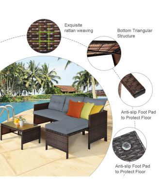 3 Pieces Outdoor Patio Corner Rattan Sofa Set-Grey