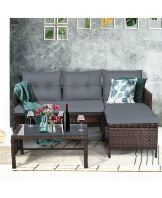 3 Pieces Outdoor Patio Corner Rattan Sofa Set-Grey