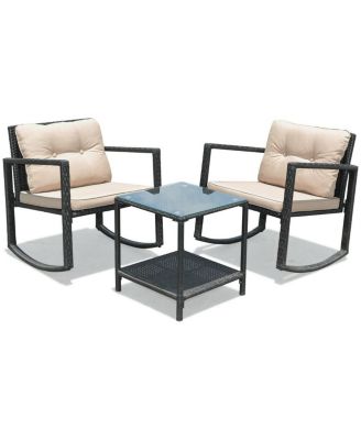 3 Pieces Cushioned Patio Rattan Set with Rocking Chair and Table