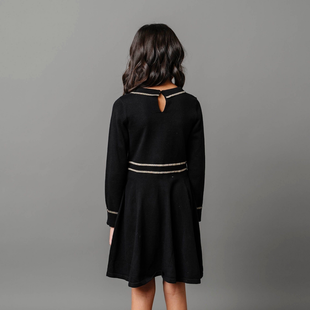 Hope & Henry Little Girls Organic Long Sleeve Ruffle Collar Sweater Dress - Black with gold
