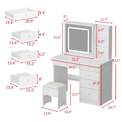 5-Drawers White Makeup Vanity Sets Dressing Table Sets with LED Dimmable Mirror, Stool and 3-Tier Storage Shelves