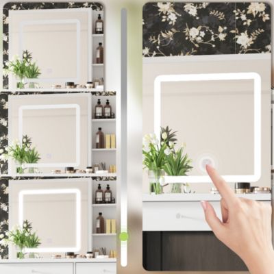 5-Drawers White Makeup Vanity Sets Dressing Table Sets with LED Dimmable Mirror, Stool and 3-Tier Storage Shelves