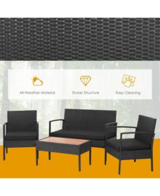 4 Pieces Patio Rattan Cushioned Furniture Set with Wooden Tabletop