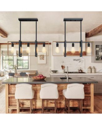 5-Light Farmhouse Kitchen Island Pendant, Adjustable Rattan & Metal Fixture with Remote for Dining Room, Table, or Kitchen Island.