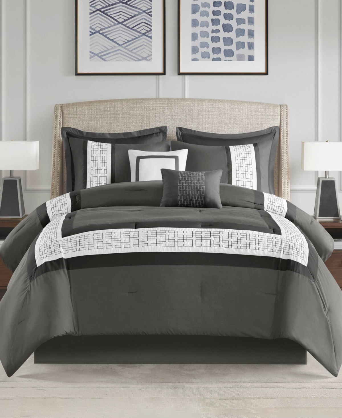 510 Design Powell Embroidered 8 Piece Comforter Set, California King In Dark Grey