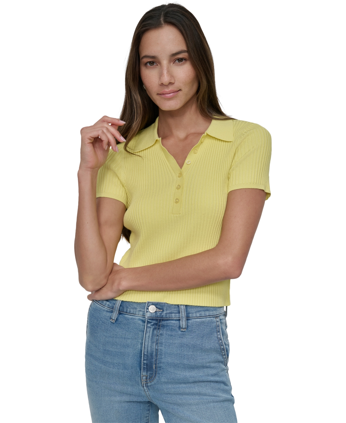 Petite Short-Sleeve Ribbed Polo Shirt - Lime Light