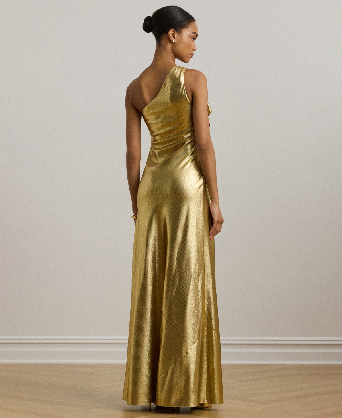 Ralph Lauren Metallic Charmeuse One-shoulder Gown In Gold