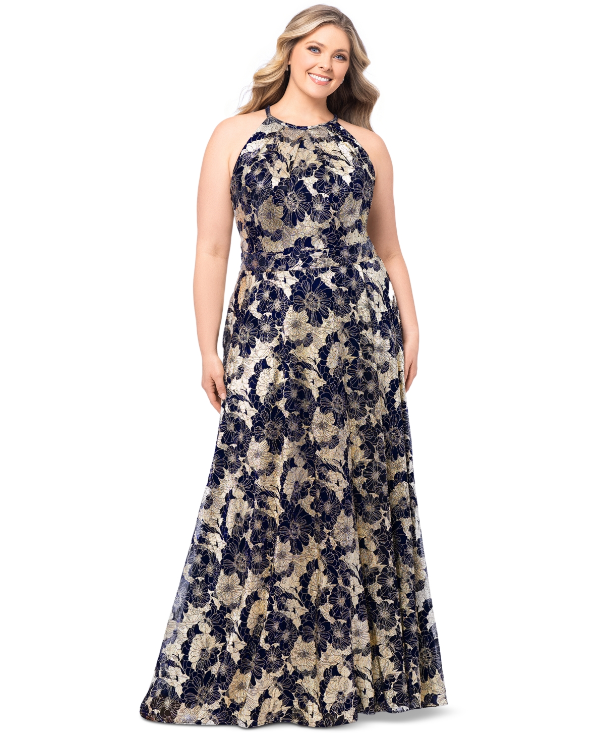 BETSY & ADAM PLUS SIZE FLORAL FOIL PRINT HALTER-NECK GOWN 