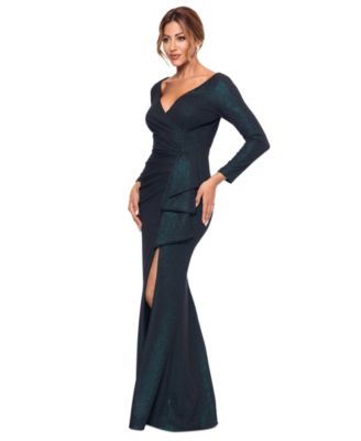 XSCAPE Women's Metallic V-Neck Ruched Side-Drape Gown