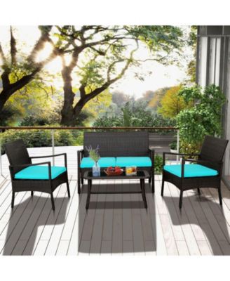 4 Pieces Rattan Conversation Set with Tempered Glass Coffee Table