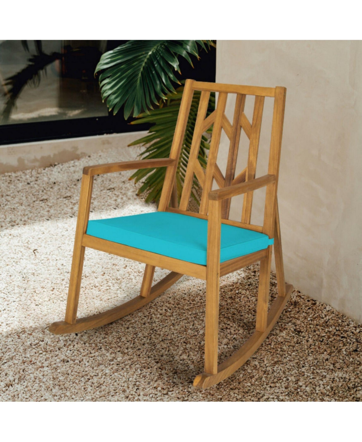 Sugift Patio Acacia Wood Rocking Chair Sofa with Armrest and Cushion for Garden and Deck