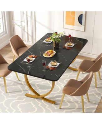 Rectangular Dining Table for 4, 63 Inches Modern Kitchen Table with Faux Marble Table Top and Metal Legs for Dining Room, Kitchen, Black & Gold