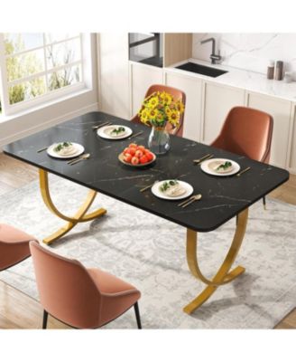 Rectangular Dining Table for 4, 63 Inches Modern Kitchen Table with Faux Marble Table Top and Metal Legs for Dining Room, Kitchen, Black & Gold