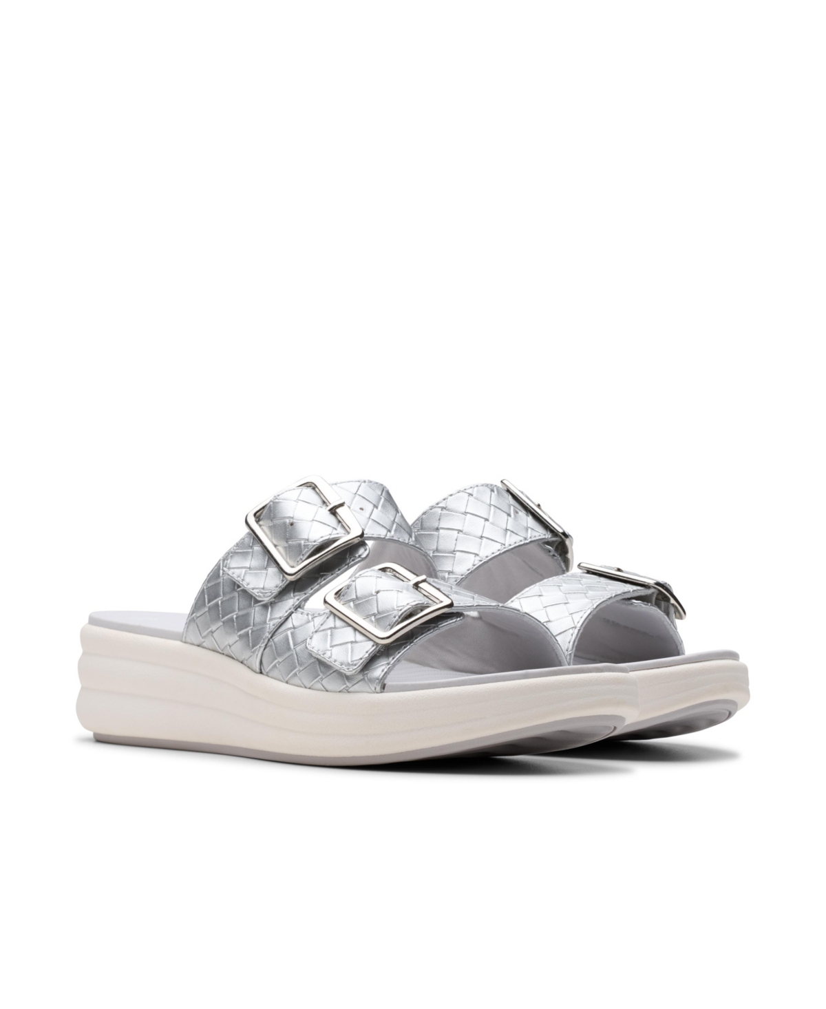 Clarks Women's Drift Buckle Slip-on Slide Wedge Sandals In Silver Metallic Synthetic