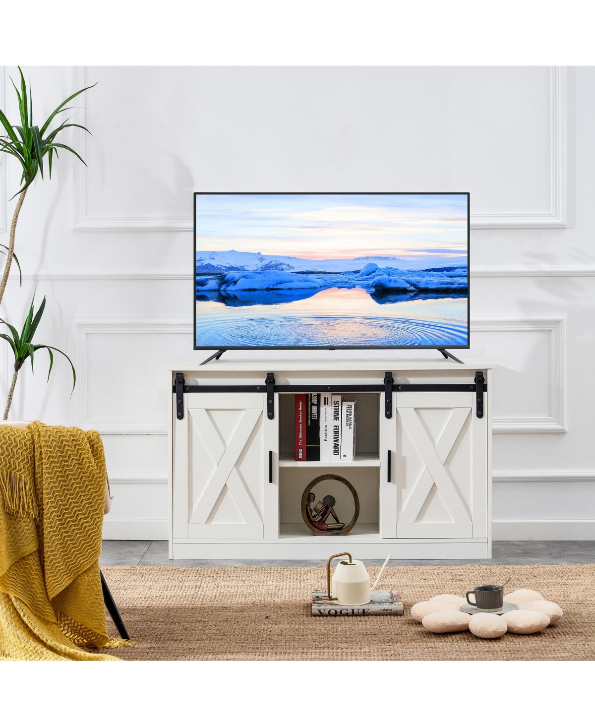 SlickblueDecorative Wooden Tv/Storage Cabinet with Sliding Barn Doors – Versatile Storage Solution for Bedroom - White