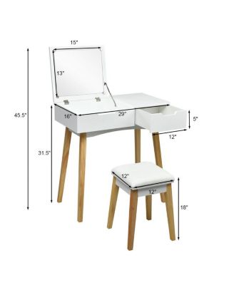 Wooden Vanity Table with Flip Top Mirror and Cushioned Stool