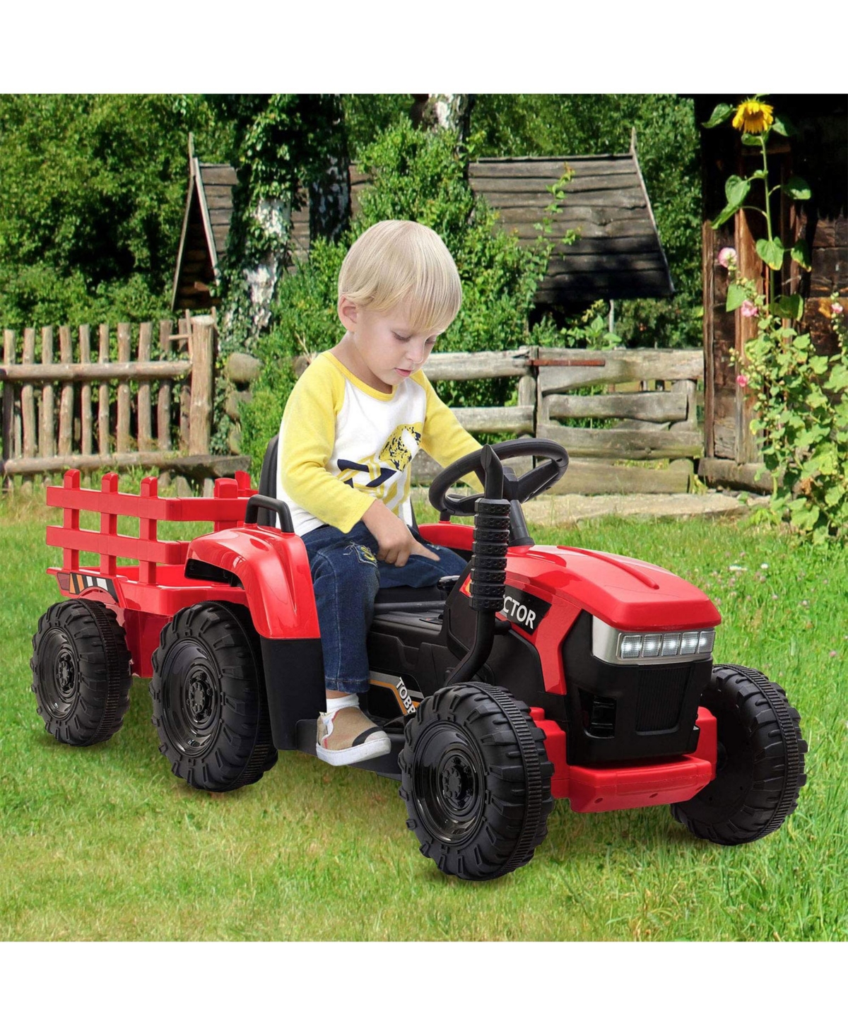 Tobbi 12V Kids Electric Battery-Powered Ride On Toy Tractor with Trailer,- Red