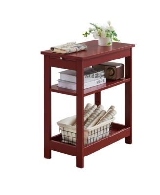 Slim Wood Side End Table with Storage Shelves & Pull-Out Tray, Nightstand for Bedroom, Living Room